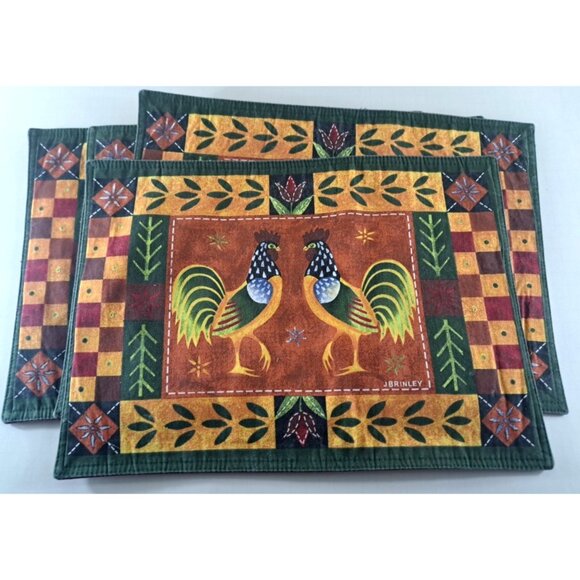 Rooster Placemats J Brinley Set of 4 Patchwork Farmhouse Red Green 12x17 - Picture 1 of 3